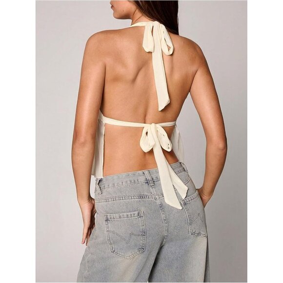 Women's Mesh Halter Crop Top Lightweigh Stretch Backless Sleeveless Summer - Picture 2 of 5